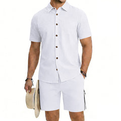 Mens Short-Sleeve Button-Down Shirt Drawstring Shorts Two-Piece Set