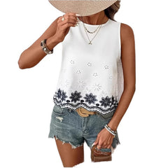 Elegant Embroidered Sleeveless Top With Fan-Shaped Lace