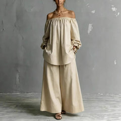 Off-shoulder Womens Cotton And Linen Wide-leg Pants Set