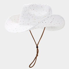 New Womens Panama Straw Weaved Sequin Windproof Sun Hat