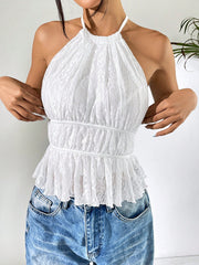 Round-neck Pleated Halter Womens Backless Tie-up Top