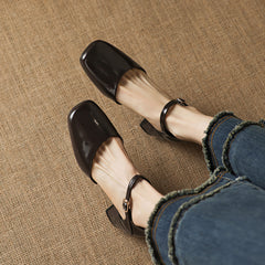 Women's Full-Grain Cowhide Mary Jane Block Heel Sandals, Handmade Leather Square Toe Heels
