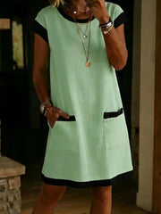 Pullover Pocket Color-Block Straight T-Shirt Mini Dress