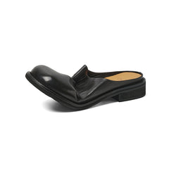 Women's Washed Full Grain Leather Mule Slides, Retro Round Toe Backless Closed-Toe Shoes