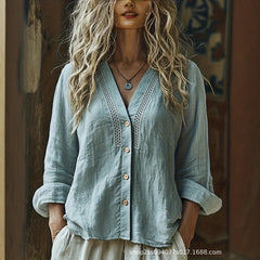 Women's V-Neck Linen Loose-Fit Long-Sleeve Shirt