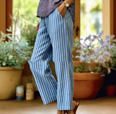 Womens Striped Elastic Waist Loose Casual Pants