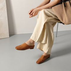 Women's Hand-Woven Washed Full Grain Leather Mules, Square Toe Slip-On Backless Loafers