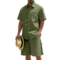 Mens Short-Sleeve Button-Down Shirt Drawstring Shorts Two-Piece Set