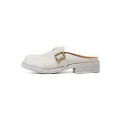 Women's Washed Full Grain Leather Buckle Mules, Retro Low Block Heel Backless Shoes