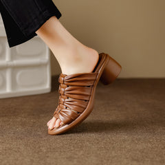 Women's Premium Genuine Lambskin Ruched Slide Sandals, Block Heel Open-Toe Mules