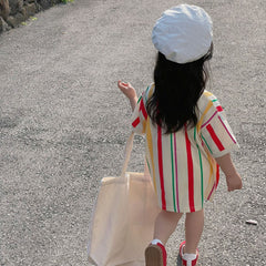 Children's Stripes Knitting Suit Girls' Polo Shirt Dress