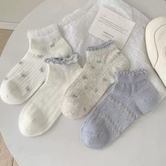 Summer Thin Versatile Spring Summer Girl Blue Japanese Socks Children's Thin Hollow Out Small Floral Boat Socks College Style