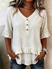 Women's Retro V-neck Ruffled Loose Cotton And Linen Short Sleeves