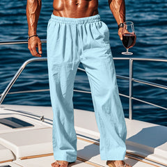 Independent Site European And American Men's Linen Mid-Waist Solid Color With Drawstring