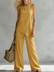 Womens Suit Asymmetric Hem Sleeveless Top And Trousers