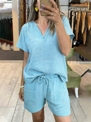 Womens Casual V-Neck Pullover Short-Sleeve Top And Shorts Set
