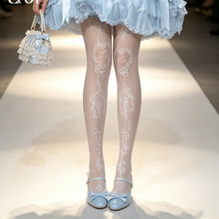 Rose White Silk Flesh Colored Stockings Women's Spring And Summer Rose Print Pantyhose