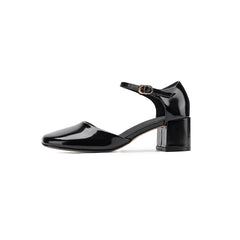 Women's Full-Grain Cowhide Mary Jane Block Heel Sandals, Handmade Leather Square Toe Heels