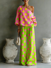 Womens Colorful Polka-Dot Off-Shoulder Flowy Two-Piece Pants Set