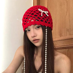 Korean-style Detachable Pearl Bow Knitted Hat