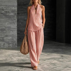 Striped Wide-leg Pants Womens Fashionable Two-piece Set