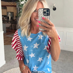Summer Pullover Top With A Round Neck And Ruffled Sleeves