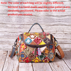 Full-grain Leather Handmade Floral Contrast-color Patchwork Tote Shoulder Bag