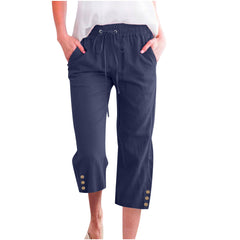 Womens Solid-Colored Drawstring Cotton-Linen Casual Loose-Fit Home Cropped Pants With Buttons And Pockets