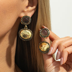 French Retro Hollow Floral Dial Fashionable Geometric Diamond-Encrusted Long Tassel Earrings