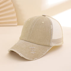 Solid-color, Frayed, Washed-out, Distressed, Mesh-patterned Cap - A Trendy, Youthful, Versatile Baseball Cap That Suits Both Daily Commuting And Outdoor Activities.