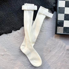 Women's Socks, Spring & Summer Gray Vertical Stripes Slimming Calf Socks, Bow Decor Versatile Runway Style Long Slouch Socks