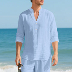 Autumn Linen Men's Long-Sleeve T-Shirt With Stand Collar And Buttons