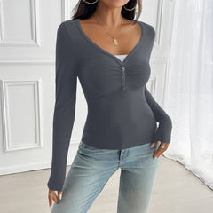Women's Solid Color Long-Sleeve Bottoming T-Shirt With Buttons