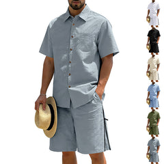 Mens Short-Sleeve Button-Down Shirt Drawstring Shorts Two-Piece Set