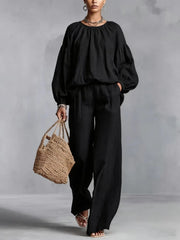 Women's Cotton-Linen Lantern-Sleeve Wide-Leg Pants Set