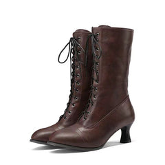 Damenstiefel mit gekreuzter Schnürung, niedrigem Absatz und mittelhohem Schaft