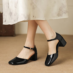 Women's Full-Grain Cowhide Mary Jane Block Heel Sandals, Handmade Leather Square Toe Heels