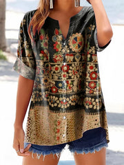 Fashionable Short-Sleeve Top For Women Printed V-Neck 3D