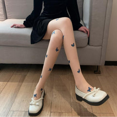 Blue Butterfly Stocking Women's Black Blue Butterfly Printed Ultra Thin Pantyhose Thin