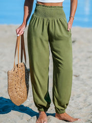 Women's Solid-Color Loose Beach Casual Ankle-Tied Pants
