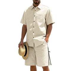 Mens Short-Sleeve Button-Down Shirt Drawstring Shorts Two-Piece Set