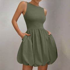 Round-neck Puffy Skirt Solid-color Ruffled Hem Zip-detail Sleeveless Dress