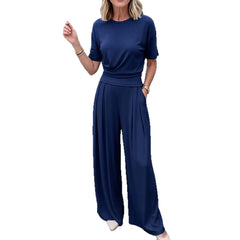 Womens Loose Crew-Neck T-Shirt And Wide-Leg Pants Two-Piece Set