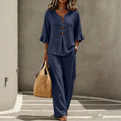 Womens V-neck Ruffle Three-Quarter Sleeve Top And Pants Two-Piece Set