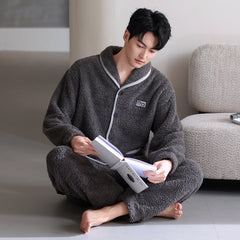 Flannel Thick Warm Long Sleeves Coral Fleece Couple Pajamas Suit