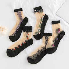 5 Pairs Of Glass Fiber Mid Tube Socks For Spring And Summer, Thin And Breathable Ice Silk Flesh Colored Crystal Silk Socks
