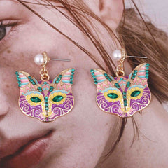 Cartoon Nine-Tailed Cat Face Alloy Earrings Inlaid With Colorful Diamonds