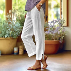 Cotton And Linen Loose Pure Color Elastic Waist Pocket Straight Casual Pants