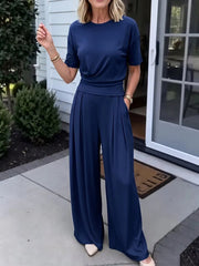Womens Loose Crew-Neck T-Shirt And Wide-Leg Pants Two-Piece Set