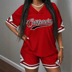 Womens Short-Sleeve V-Neck Jersey Top And Shorts Two-Piece Set